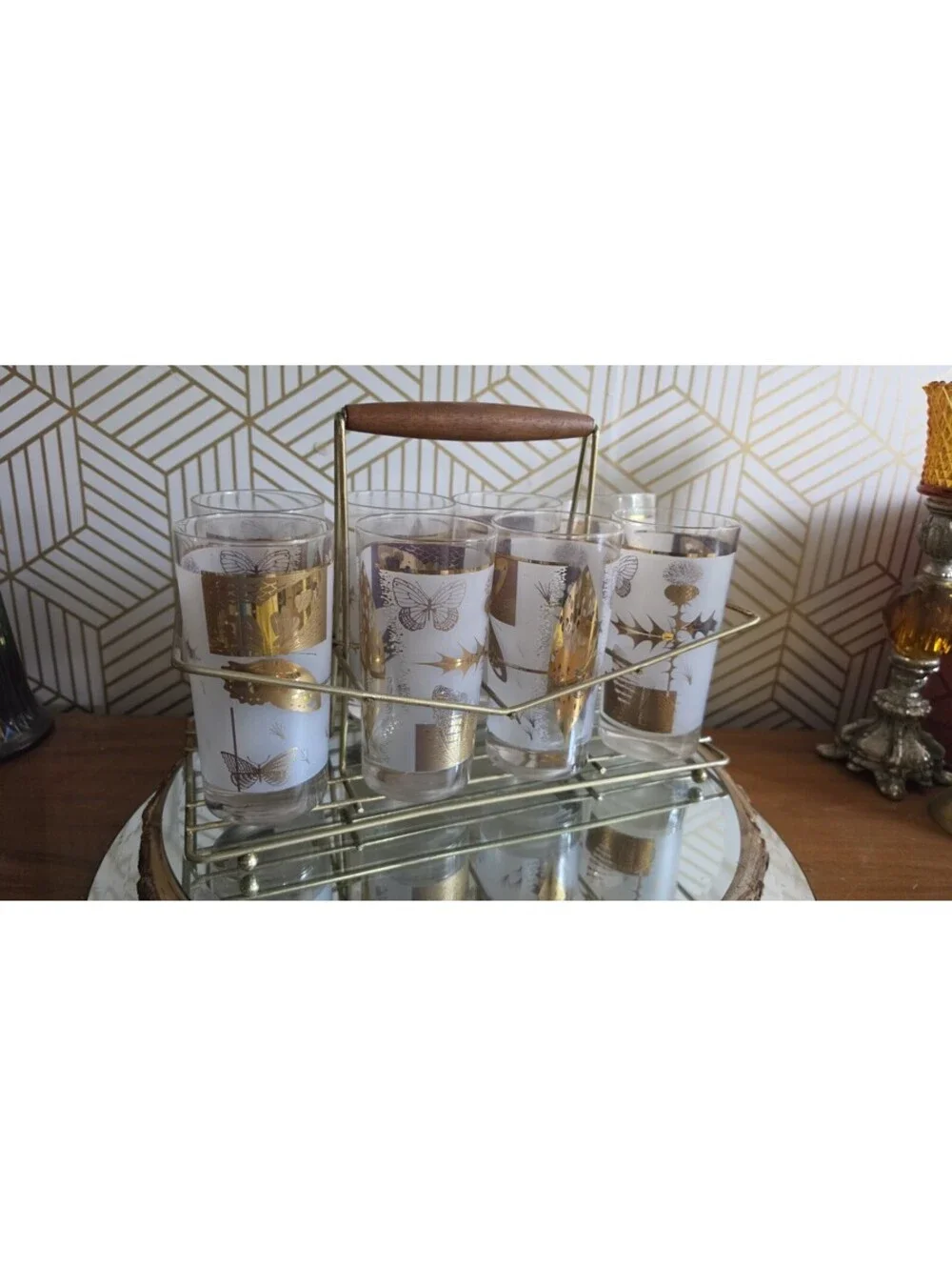 Vintage Midcentury Cutler Golden Meadow Butterfly Set of 8 Glasses With Caddy